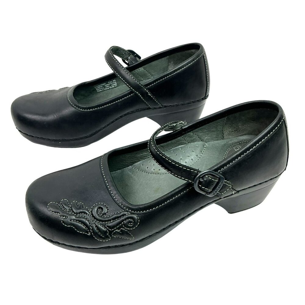 Dansko Savannah Mary Jane Leather Shoes Embroidered Detail Womens 9.5-10 Black